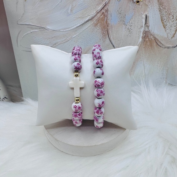 Chinese-Style Ceramic Floral Beaded Stretch Bracelet Pink floral Duo with Cross - Picture 2 of 6